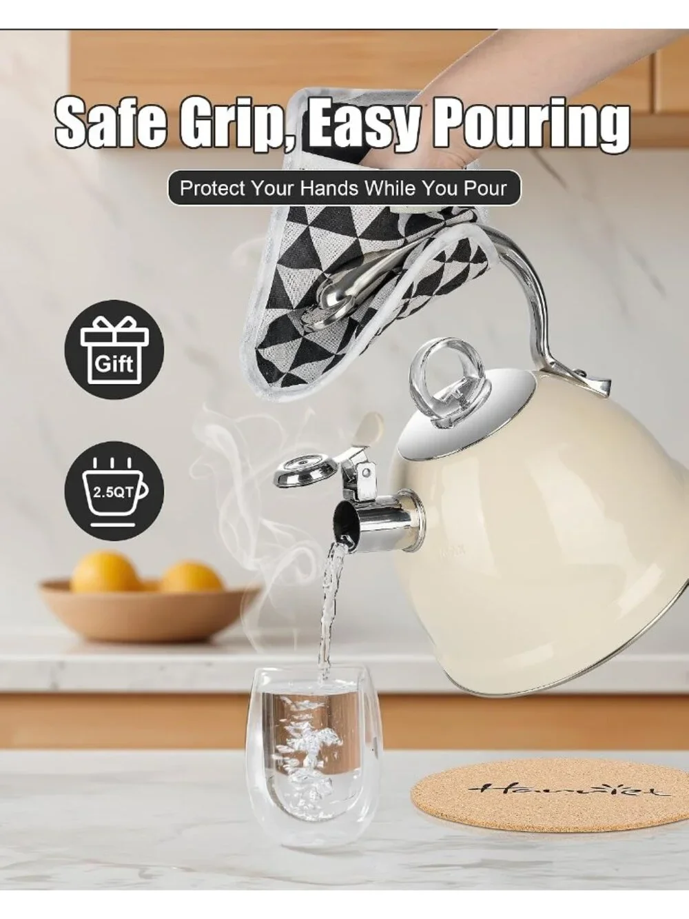 2.5 Qt Stainless Steel Whistling Tea Kettle for Gas, Electric Induction White